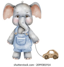 Cute little baby elephant with a toy car. Watercolor illustration isolated on white background, perfect for posters, print, baby shower, card, sticker.