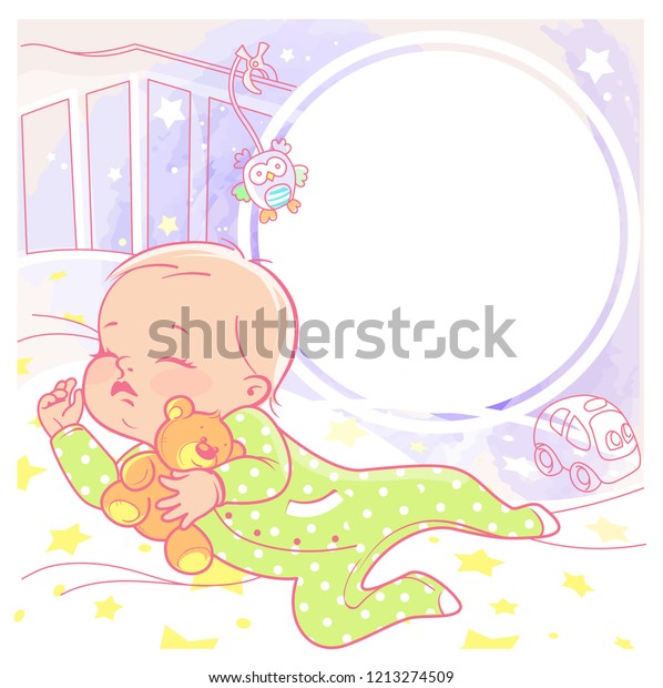 Cute little baby sleep in crib. Healthy\
sleep. Teddy bear, owl and toy car. Baby girl at night. Blank text\
frame. Preset for blog. Template for mother\'s page  in social\
media. Color\
illustration