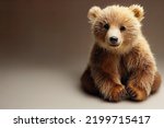 Cute little bear cub sitting in studio with brown copyspace background as illustration (3D Rendering)