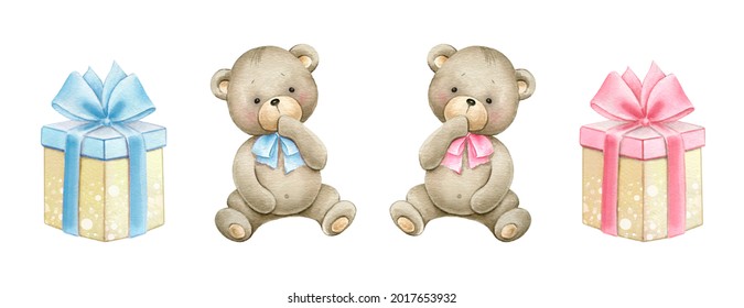 Cute little bears with gift boxes.Watercolor illustration isolated on white background.
