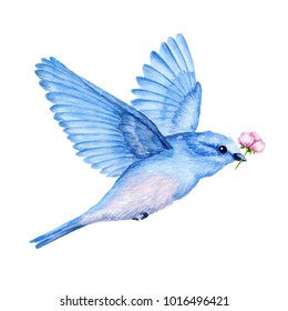 Cute little blue bird. Watercolor illustration. Cute animals and birds. Spring symbol. Happy Easter. Blue luck bird