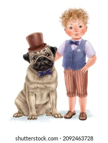 Cute little boy with the dog pug character. Boy in bow tie, pug dog in bow tie and hat. Good for print, postcards, posters.