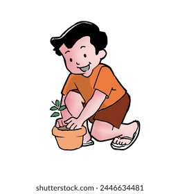 cute little boy planting young tree seedlings in the garden. Illustration. Cartoon Image. - Powered by Shutterstock