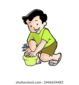 cute little boy planting young tree seedlings in the garden. Illustration. Cartoon Image. - Powered by Shutterstock