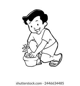 cute little boy planting young tree seedlings in the garden. Illustration. Cartoon Image. - Powered by Shutterstock