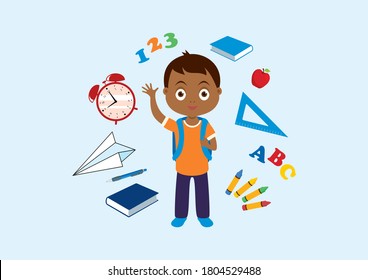 Cute little boy with school supplies illustration. Happy schoolboy with a school backpack icon. School children cartoon character. Adorable african american boy with school supplies icon set - Powered by Shutterstock