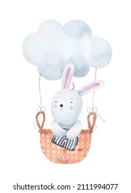 A cute little bunny flies on a cloud. Watercolor illustration. Can be used for baby shower or kid posters. Isolated on white background.