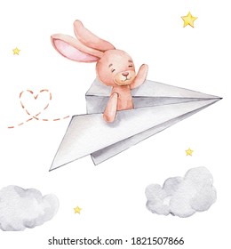 Cute Little Bunny Flying On The Paper Airplane And Clouds And Stars; Watercolor Hand Draw Illustration; Can Be Used For Cards Or Kid Posters; With White Isolated Background