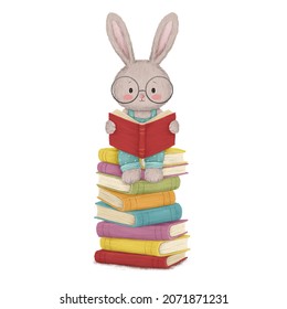 Cute little bunny sitting on a stack of books and reading a book. Digital illustration 