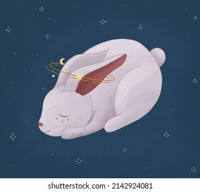 Cute Little Bunny Sleeping. Hand Drawn Illustration In Cartoon Style. Painted Solar System. Doodle.