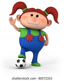 Cute Little Cartoon Girl With Soccer Ball And Waving - High Quality 3d Illustration