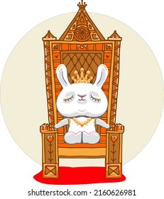 A Cute Little Cartoon White Rabbit Sits On A Royal Throne With His Eyes Closed Dreamily.