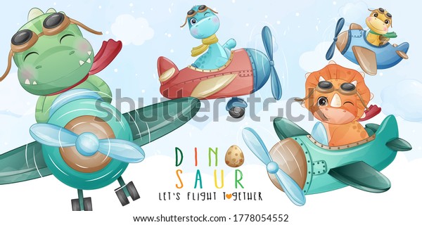 Cute\
little dinosaur flying with airplane\
illustration