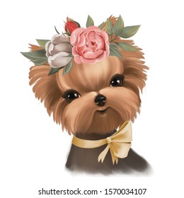 Cute little dog, puppy, with flowers, floral bouquet, wreath pet watercolor animal portrait
