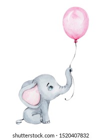 Cute little elephant with pink balloon; watercolor hand draw illustration; can be used for cards and invitations and for baby shower; with white isolated background