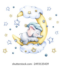 The cute little elephant is sleeping sweetly; moon, clouds and stars. watercolor hand drawn illustration; Baby shower, happy birthday, sweet dreams, sleep baby, for party and kids room on white isolat - Powered by Shutterstock