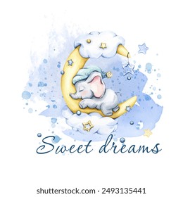 The cute little elephant is sleeping sweetly; moon, clouds and stars. watercolor hand drawn illustration; Baby shower, happy birthday, sweet dreams, sleep baby, for party and kids room on white isolat - Powered by Shutterstock