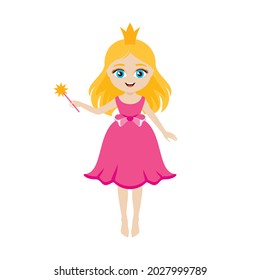 Cute little fairy girl in a pink princess dress illustration. Adorable little girl fairy with a crown and a magic wand icon. Cute little girl princess in a pink dress icon on a white background - Powered by Shutterstock