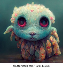 Cute, Little Fantasy Creature Fairy Tale Animal With Big Puppy Eyes Looking Up And A Small Nose And Mouth With Scale Like Body Blue Body And Pink Little Flower Outfit Purple Pink Eyes