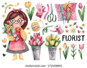 Cute little florist girl and her tools - flowers, scissors, ribbons, gloves - hand-drawn in watercolor isolated on white background illustration. Watercolor illustration of a girl florist - Powered by Shutterstock