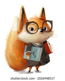 cute little fox character with books