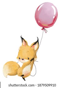 Cute Little Fox Fly With Balloon