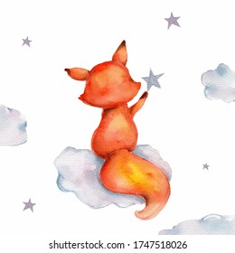 Cute Little Fox Sitting On The Cloud And Star; Watercolor Hand Draw Illustration; Can Be Used For Baby Shower Or Kid Poster; With White Isolated Background