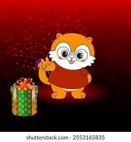 Cute little funny fluffy fat cat standing tall in a long red big sweater vector illustration - Powered by Shutterstock