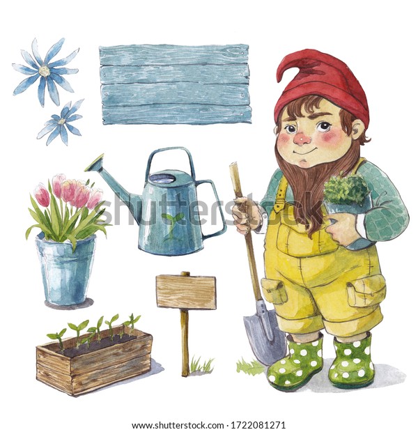 かわいい小さな庭師の小人と道具 のイラスト素材