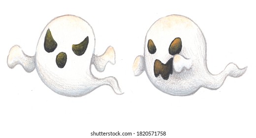 Cute little ghost cartoon character illustration  Watercolor work clipart isolated white background  Halloween festival  Decoration   pattern 