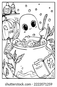 Cute little ghost Halloween autumn illustration for kid coloring page
