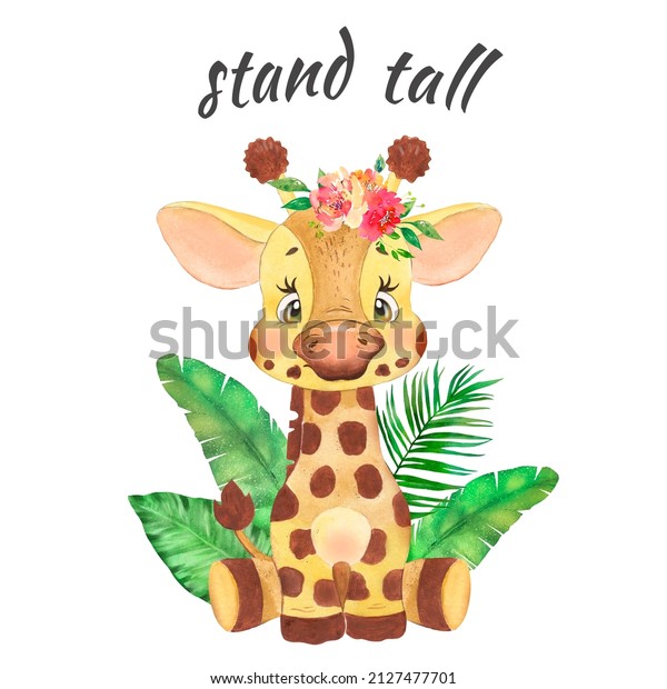 Cute Little Giraffe in the Bush, Giraffe Baby African\
Animal, Kids Room Watercolor Painting, Nursery Wall Art, Cute\
Animal Nursery Art 