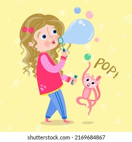 Cute Little Girl Blowing Soap Bubbles Soap in the Air with Little Stuffed Monkey Busting
. Play With Me Cute Children Collection, Funny Kids Activities, Colorful Cartoon Illustrations.