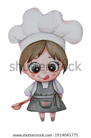 A cute little girl cook in a hat and an apron from the chef stands with a spoon and licks her lips against white background. Watercolor. Hand drawing for kids collection, design, decor, textile, print