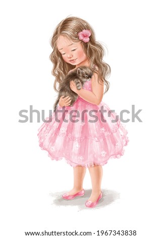 Cute little girl with a gray kitten in her arms. Hand-painted lovely baby with curly long hair in a beautiful soft pink dress on white background. Ideal for printing, posters, and card making.