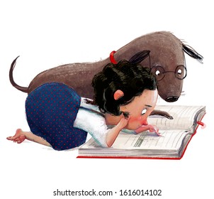 Cute Little Girl With Her Dog Reading