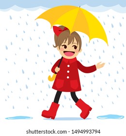 Cute Little Girl In Red Coat And Boots With Big Yellow Umbrella Walking Under Gentle Rain