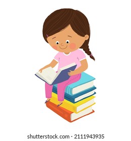 Cute little girl sitting and reading a book on stack of books, Happy pupil reading a book at a top of a books pile. Cartoon hand drawn10 illustration isolated on white in a flat style - Powered by Shutterstock