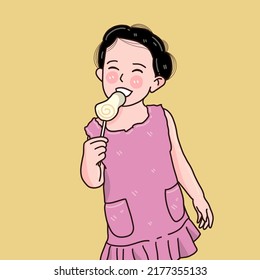 Cute little girl standing with big swirly lollipop. Kid eating unhealthy sugar candy. Flat style illustration.