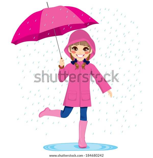 Cute Little Girl Under Rain Pink Stock Illustration 184680242