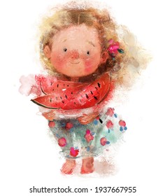 Cute Little Girl With Watermelon In Hands