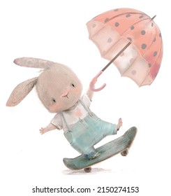 Cute Little Hare With Umbrella