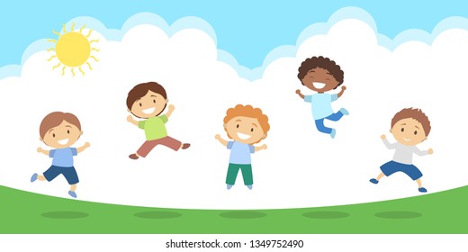 Cute Kids Jumping Over Sunny Day Stock Vector (Royalty Free) 564480832 ...