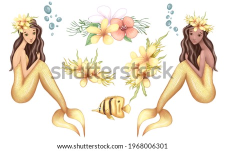 Cute little mermaid, fish, sea flowers, under the sea cretures, nursery decor elements Stock photo © 