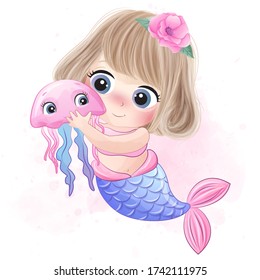 Cute little mermaid hugging a jellyfish