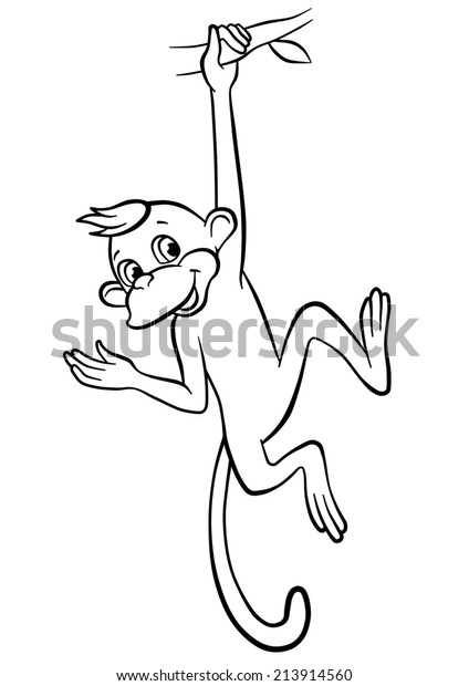 Cute Little Monkey Swinging On Tree Stockillustration 213914560