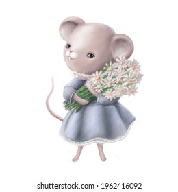 Cute Little Mouse With Chamomiles, Hand Drawn Children's Illustration, Watercolor Clipart With Cartoon Character Good For Print And Card Design