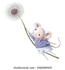 Cute Little Mouse Flying On The Dandelion, Hand Drawn Clipart, Children's Watercolor Illustration With Cartoon Character, Good For Card And Print Design