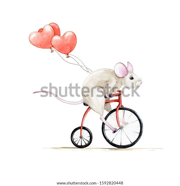 赤い風船の水色のイラストを持つ自転車に乗ったかわいい 小さなネズミ 白い背景に手描きの漫画 グリーティングカード バレンタインデーのトレンディー印刷に最適 のイラスト素材