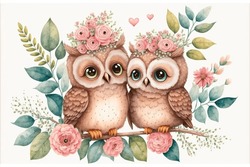 Cute Little Owl In Love On Romantic Valentine's Day Hand Drawn Cartoon Style. 3D Illustration